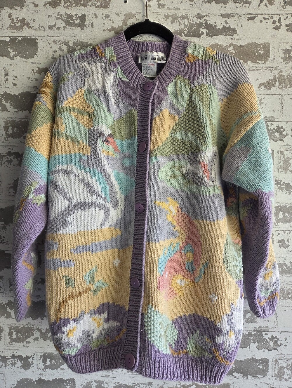 Vintage Together! Swan & Koi Pond Pastel Knit Cardigan - Size M
